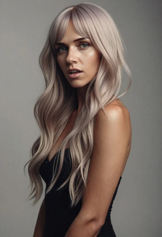 Long Pale Blonde Hair With Wispy Bangs . Posing In Glam Stud...