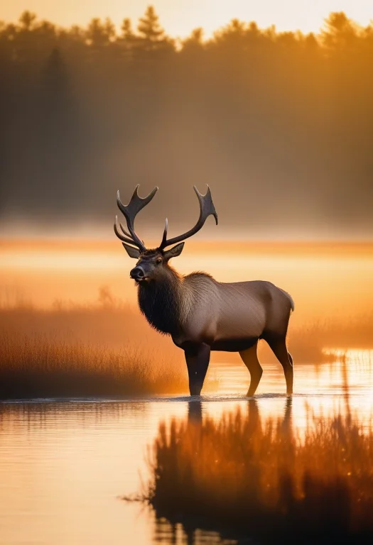A Great Elk Wading Across A Misted Marsh, Papercraft Style,...