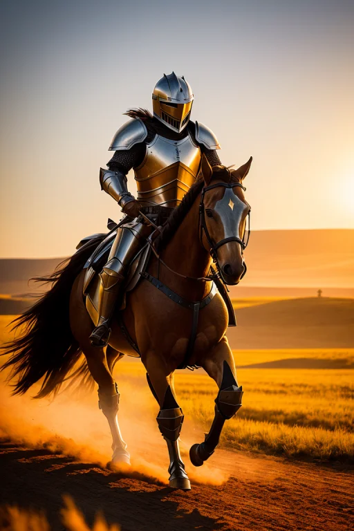 Armored Knight Charges On Horseback Towards Camera, Lance, O...