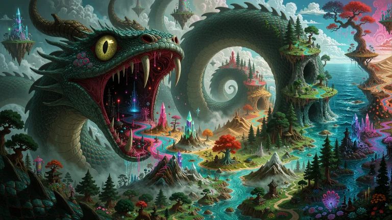 A Colossal Fantastical Serpent Dominates The Entire Composit...