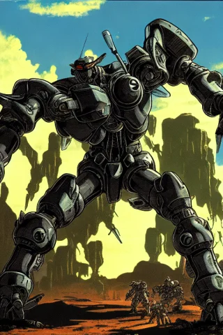 Pboldrifrpgstyle Mecha Robot Monster In Action On An Open Me... — Stable Diffusion AI Prompt: PBOldRifRPGStyle mecha robot monster in action on an open mesa landscape, epic l...