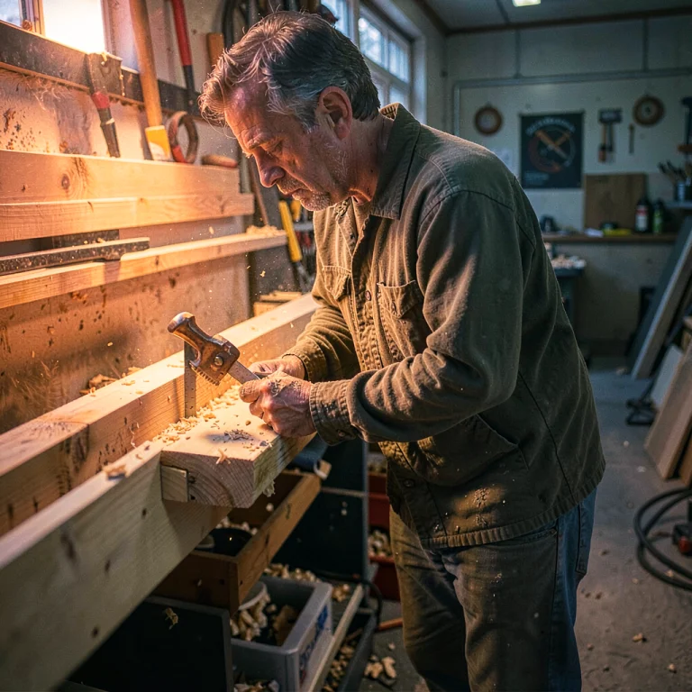 A Carpenter Measuring Timber In A Dusty Workshop, Analog Pho...