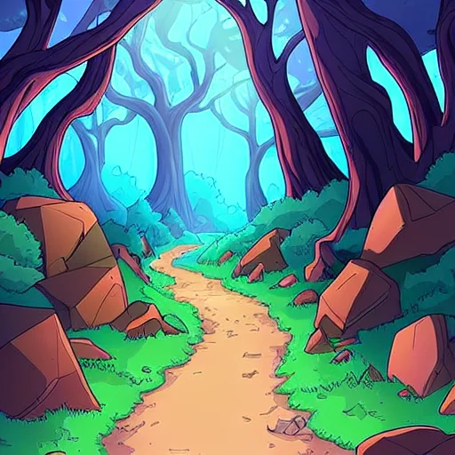 A Photo Of A Path In A Forest With Glowing Lights And Rocks...