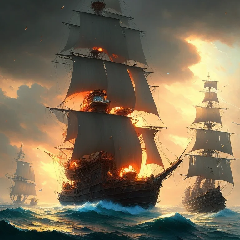 Pirate Ship In Middle Of Bad Weather , Detailed Oil Painting...