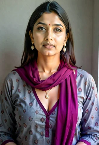 Close-up Portrait Of A South Asian Woman With Dark Straight... — FLUX AI Prompt: Close-up portrait of a South Asian woman with dark straight hair posing against...