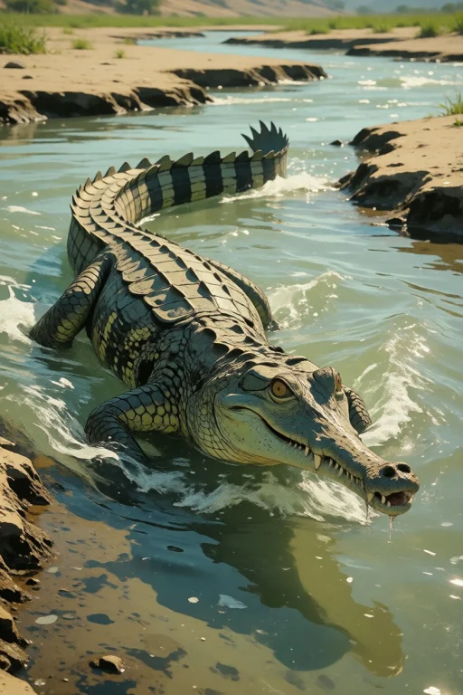 Nature, A Gharial Sliding Into A Fast Indus Tributary, Entir...