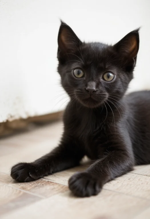 A Small Black Kitten Lying On The Floor,