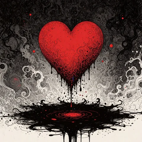 Floating Red Heart, Heart Dripping Black Ink, Evil Aura, Cre... — Stable Diffusion AI Prompt: Floating Red Heart, heart dripping black ink, evil aura, creepy, spooky, Abstrac...