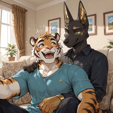 Detailed, 2males, Furry, Duo, Excited Tiger Looking At Anubi... — Stable Diffusion AI Prompt: Detailed, 2males, Furry, Duo, Excited tiger looking at anubian jackal coming hom...
