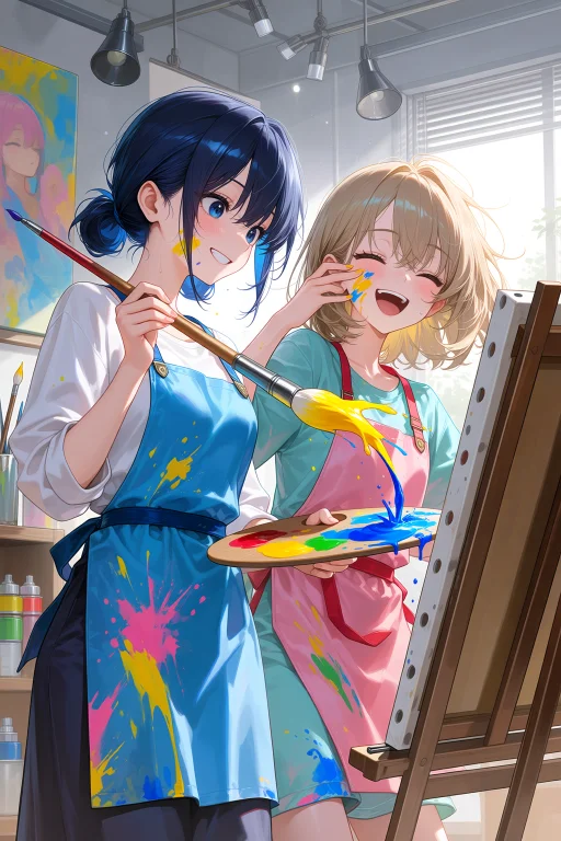 2girls, Indoor, Art Studio Setting, Portrait Orientation, Ca...