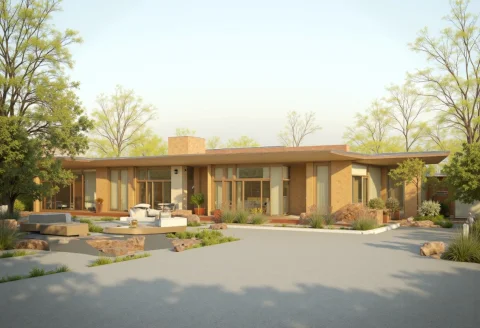 Mid Century House, 1966, Large Parking Lot, Afternoon, Slidi... — FLUX AI Prompt: Mid century house, 1966, large parking lot, afternoon, sliding doors, realistic,...