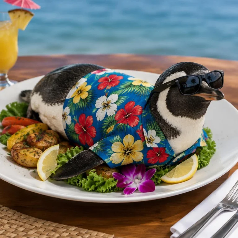 A Truly Penguin With Hawaiian Shirt And Sunglasses As A Meal