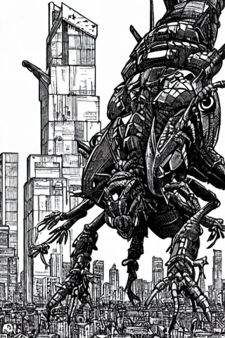 Pboldrifrpgstyle0.6 A City, Robot Insect Monster — Stable Diffusion AI Prompt: (PBOldRifRPGStyle:0.6) a city, robot insect monster
