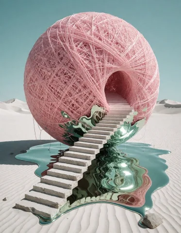 Dramatic Wide Shot, A Colossal Solid Sphere Made Of Woven Pa... — Stable Diffusion AI Prompt: dramatic wide shot, a colossal solid sphere made of woven pastel pink silk threa...