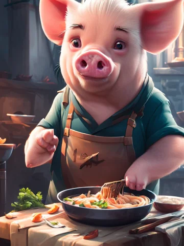A Professional Wide Shot Photograph Of Pig Who Is A Chef Coo... — Stable Diffusion AI Prompt: a professional wide shot photograph of pig who is a chef cooking noodles soup ,...