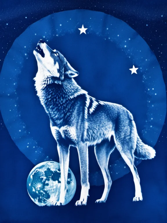 Cyanotype, A Striking Cyanotype Photograph Of A Howling Wolf...