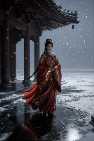 Within Quietude Of Frozen Stillness. A Solitary Figure In Re... — Stable Diffusion AI Prompt: within quietude of frozen stillness. A solitary figure in regal East Asian court...