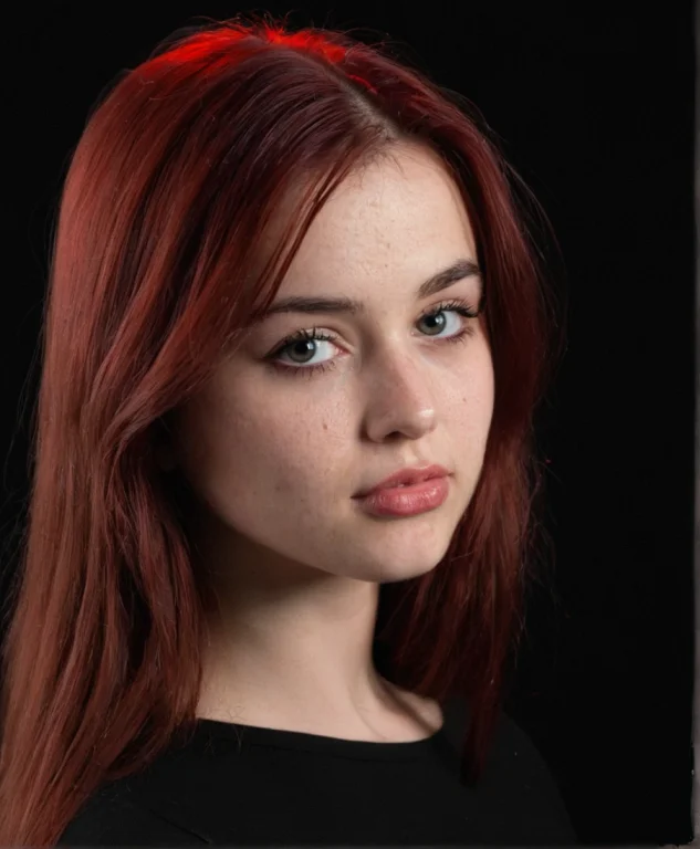 Portrait Of A Girl On A Black Background. The Girl Has Red H...