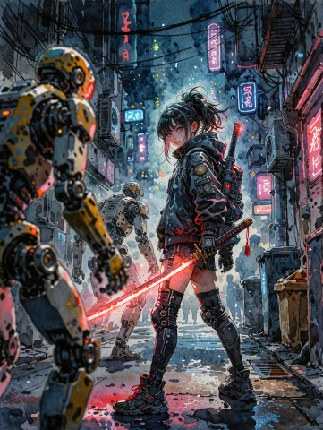 A Detailed Watercolor Illustration Of A Cool Cyberpunk Anime... — Stable Diffusion AI Prompt: A detailed watercolor illustration of a cool cyberpunk anime hero female, standi...