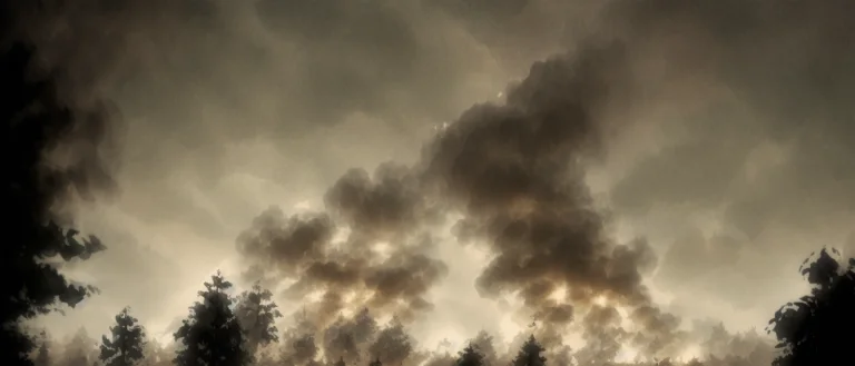 Night, A Forest With Trees, In The Distance Smoke In The Sky...
