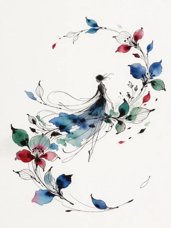 A Delicate Ink And Watercolor Sketch Depicts A Solitary, Eth...