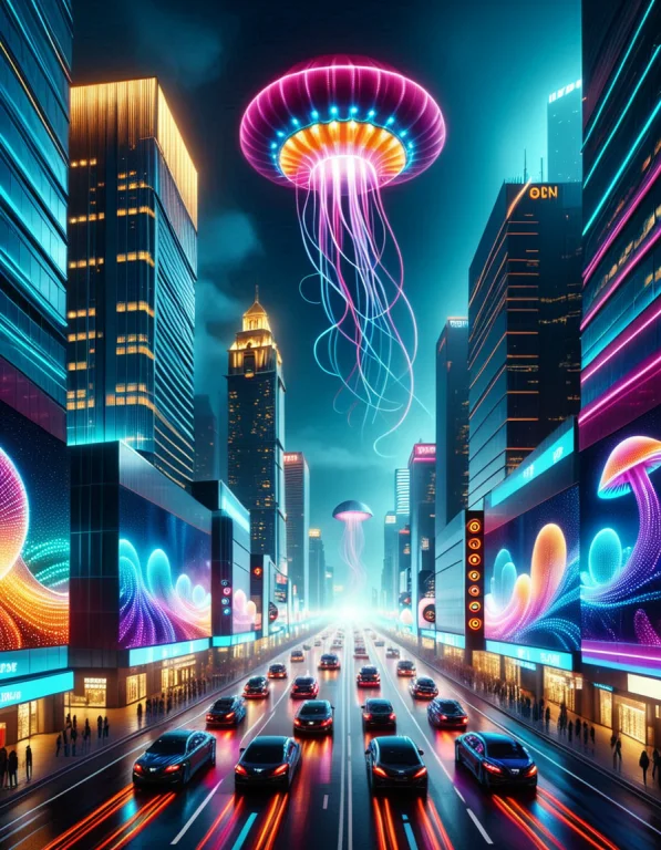 3. A Gigantic Colourfulled Jellyfish Floating Above A Futuri...