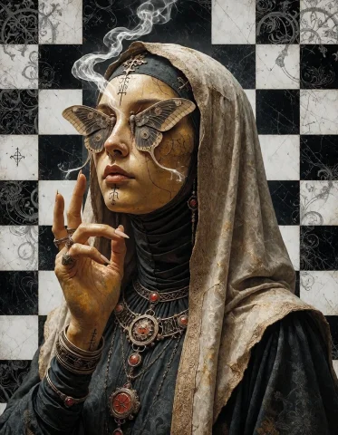 A Hooded Oracle With A Moth Resting Over One Eye And Runic S... — Stable Diffusion AI Prompt: a hooded oracle with a moth resting over one eye and runic smoke above the head,...