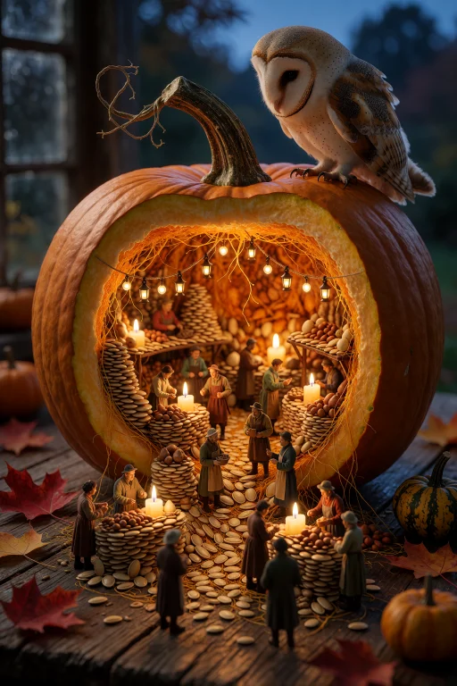 A Large Pumpkin Cut Open On A Rustic Harvest Table At Dusk,...