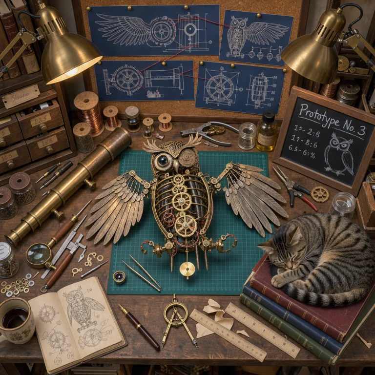 A Cluttered Inventors Workshop Seen From Above A Brass Teles...