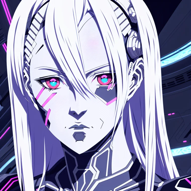 Anime Android Woman With Silver Hair, Blue Eyes, Robotic Sea...