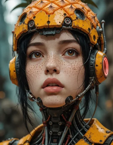 Anime Art,1girl, Solo, Brown Eyes, Parted Lips, Pineapple He... — Stable Diffusion AI Prompt: anime art,1girl, solo, brown eyes, parted lips, pineapple helmet, freckles, blac...