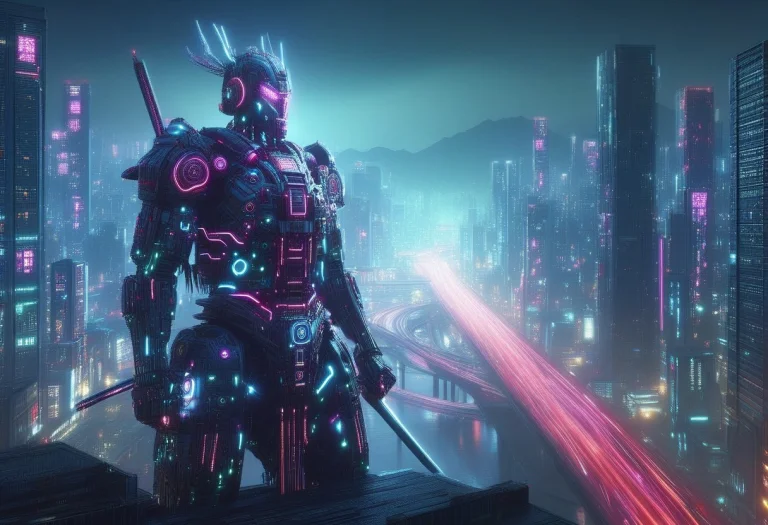 Led, Cyberpunk, Scenic, Skyline, Japanese, Robot Samurai