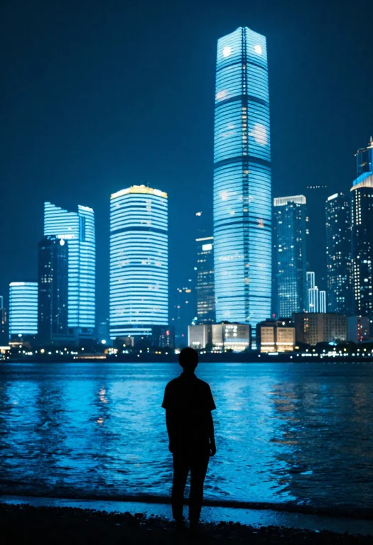 A Lone Silhouette Stands In Shallow Shoreline Water Facing A...