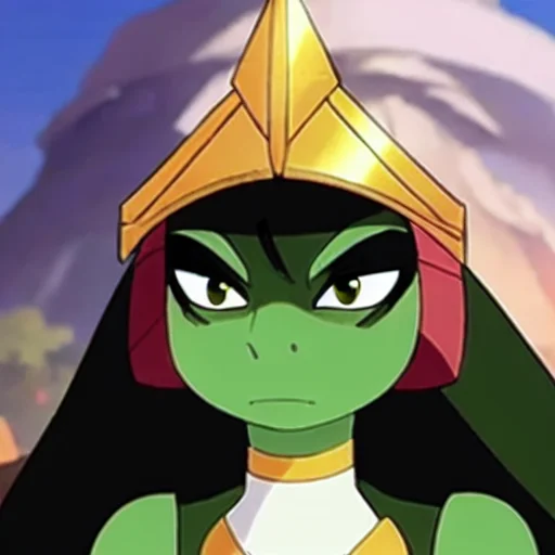 A Lizard With Big Green Eyes And Long Dark Hair And Wearing...