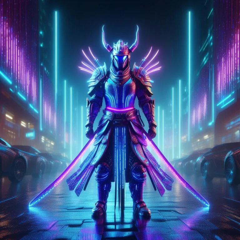 A Futuristic Samurai Standing Under Neon Rain, Ornate Armor...
