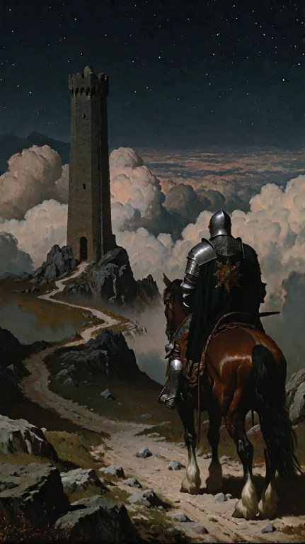 Wide Shot From Behind A Single Armored Knight On Horseback,...