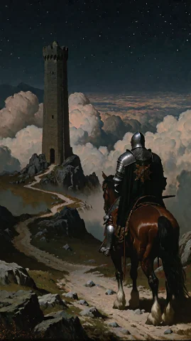 Wide Shot From Behind A Single Armored Knight On Horseback,... — Stable Diffusion AI Prompt: Wide shot from behind a single armored knight on horseback, positioned prominent...