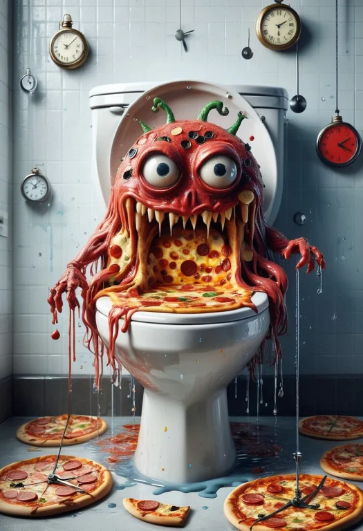 Slime Monster Made Of Clocks Sitting On A Toilet, Pizza Flyi...