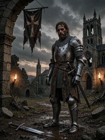 The Image Is A Vertical Realistic Illustration Of A Crusader... — Stable Diffusion AI Prompt: The image is a vertical realistic illustration of a Crusader in a medieval night...