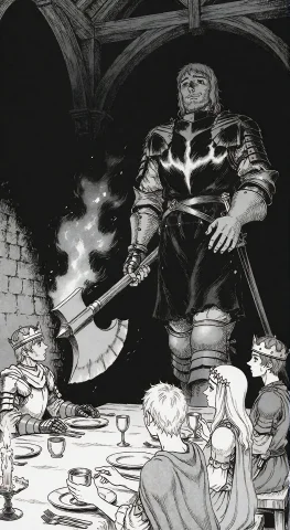, Black-and-white Ink Manga, One Decisive Panel A Colossal K... — Stable Diffusion AI Prompt: , Black-and-white ink manga, one decisive panel: a colossal knight in green stan...