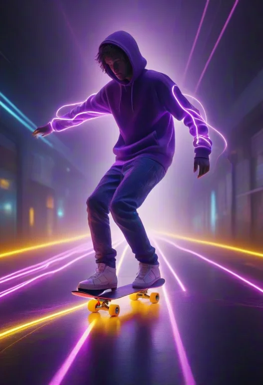 A Skateboarder Rendered In Glowing Neon Led Lights, Visible...