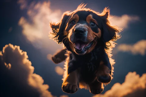 Award Winning Portrait Of A Flying Happy Puppy In The Clouds... — Stable Diffusion AI Prompt: award winning portrait of a flying happy puppy in the clouds, bokeh, backlit