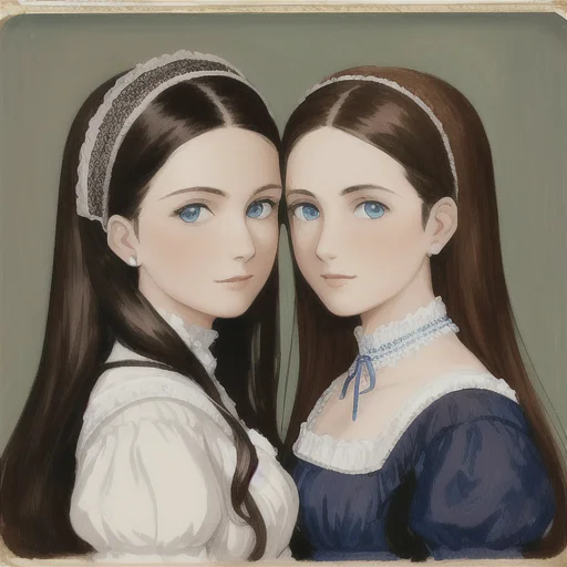 Portrait Of A Two Young Women, Sisters, Dark Brown Hair, Blu...