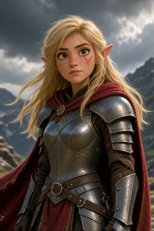 Young Female Elf Warrior, Tanned Skin, Long Blonde Straight...