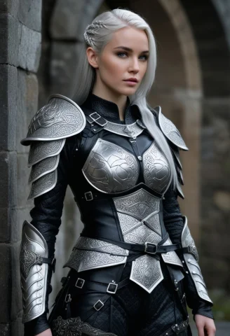 Fearless Warrior Woman, Revealing Black Leather Dragon Scale... — SDXL AI Prompt: fearless warrior woman, revealing black leather dragon scale armor, Celtic knotw...