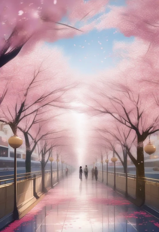A Cherry Blossom Festival Drifting With Petals, Minimalist S...