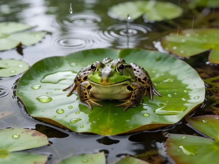 Green Frog Sitting On Lily Pad Rain Drops Pond Photorealisti...