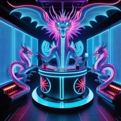 Led, Colorful Led Lights, A Glamorous Three-headed Hydra Per... — SDXL AI Prompt: LED, colorful LED lights, a glamorous three-headed hydra performs in a futuristi...