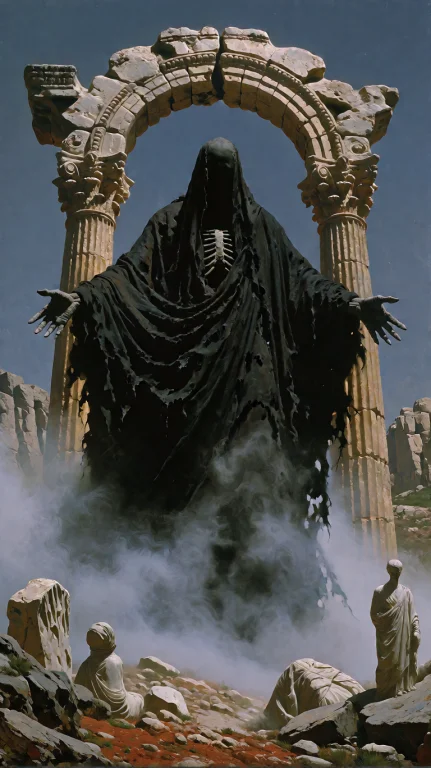 Wide Shot From A Low Angle, A Towering Skeletal Figure Drape...