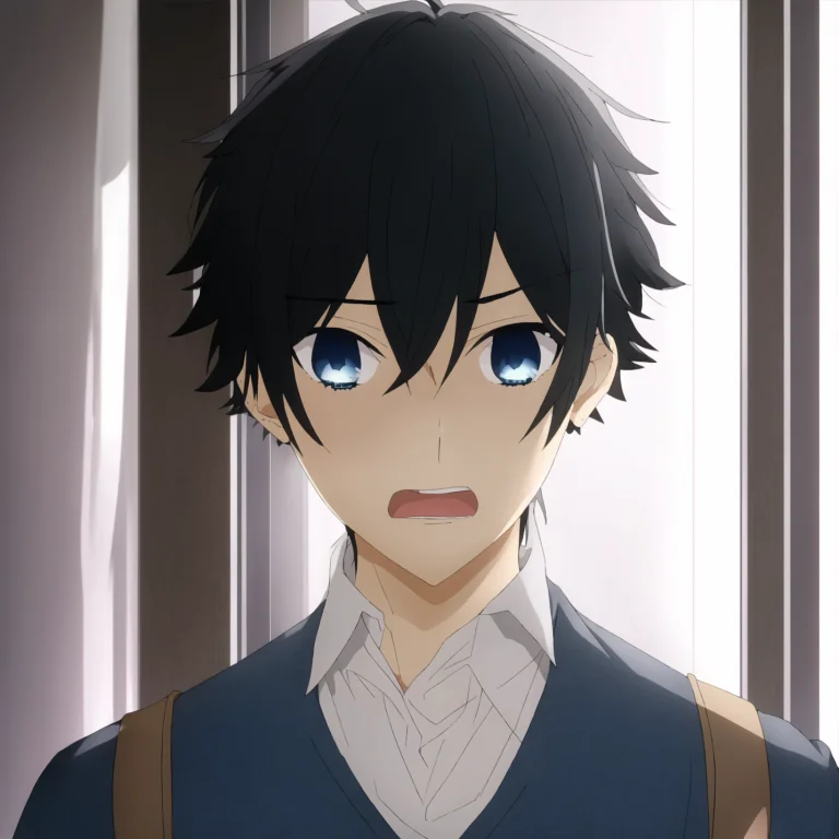 1 Boy, Black Hair, Blue Eyes, Looking At Viewer, Standing, C...